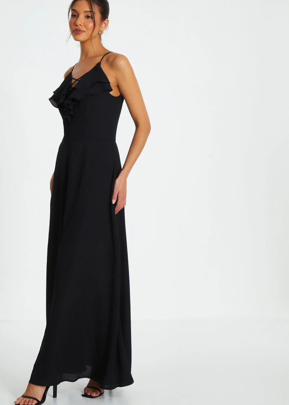 Quiz Black Strappy Ruffle Chiffon Maxi Dress - 8 Image 3