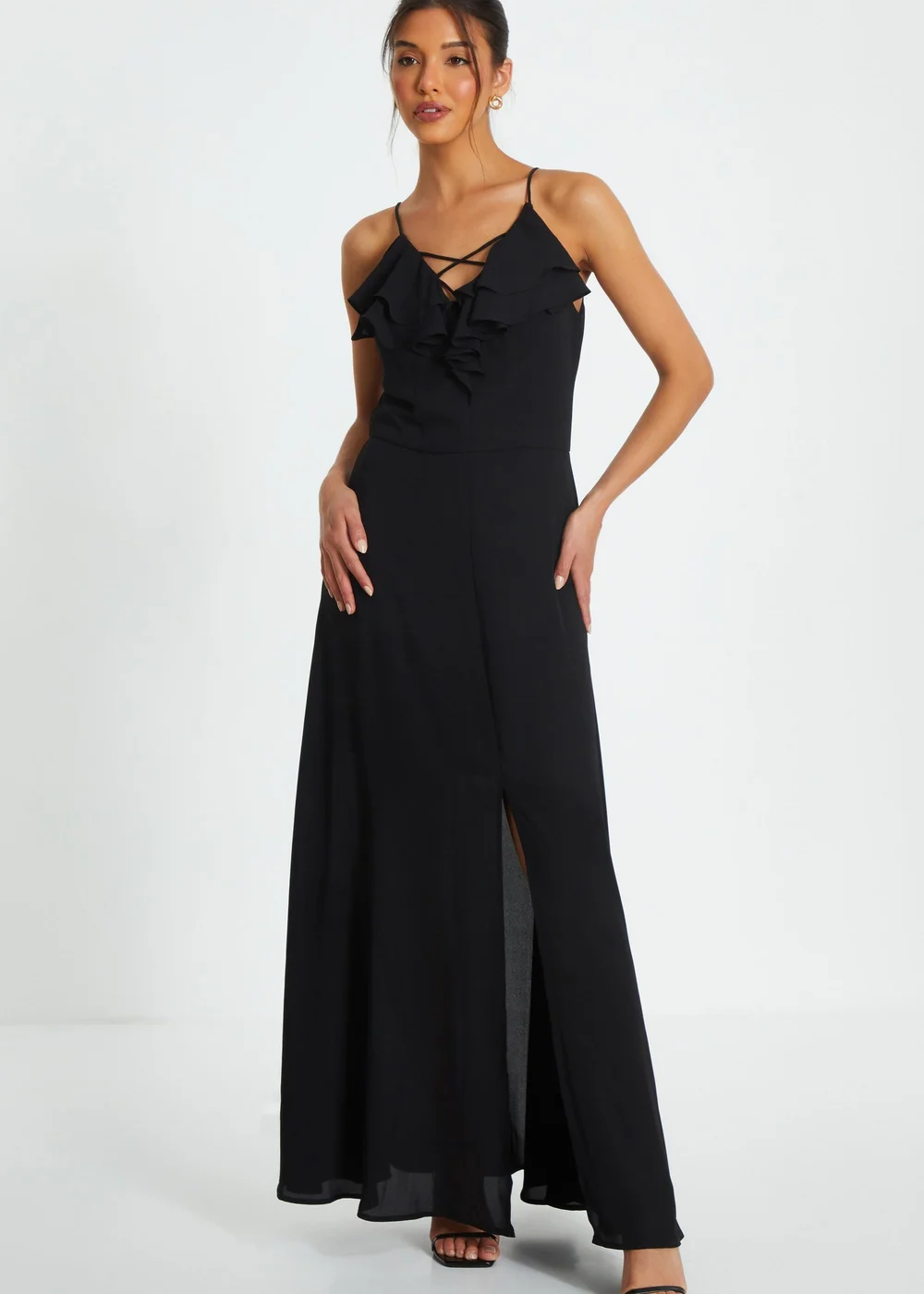 Quiz Black Strappy Ruffle Chiffon Maxi Dress - 8 Image 1