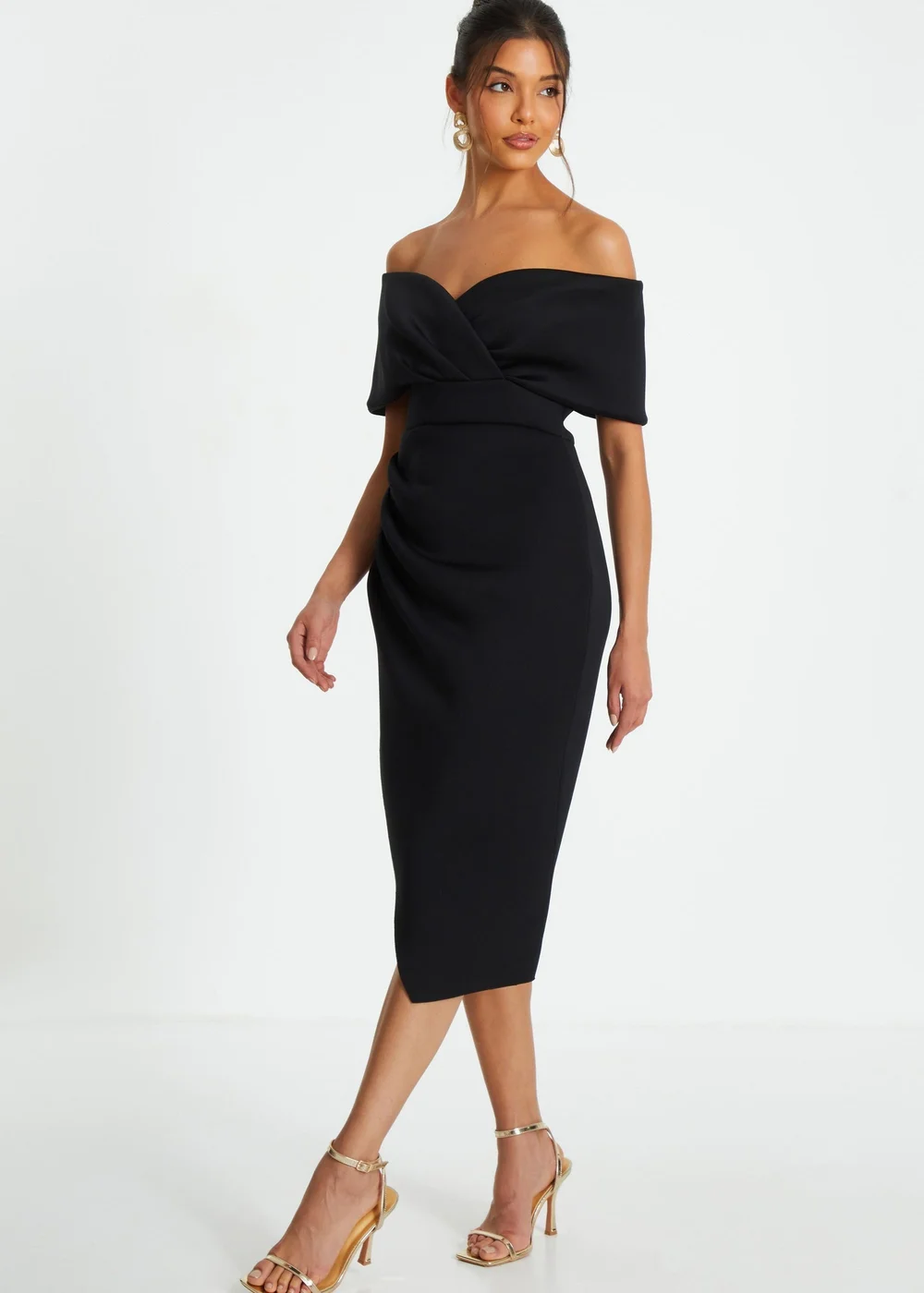 black bardot midi dress Women's Black Corset Bardot Draped Midi Dress