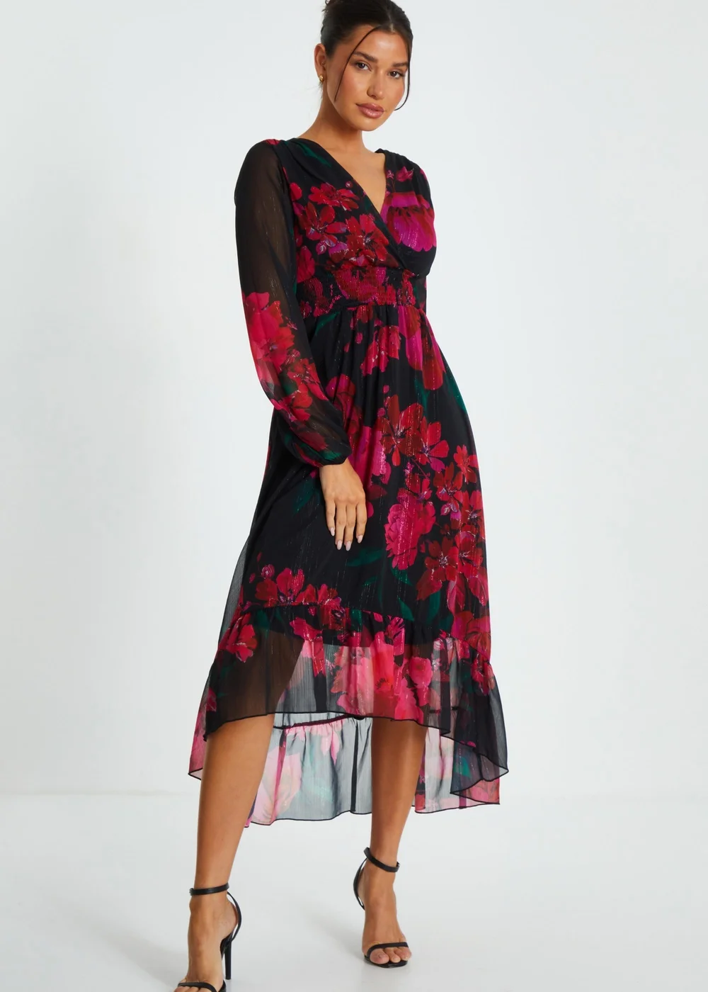 Quiz Black Floral Chiffon Dip Hem Dress - 8 Image 1