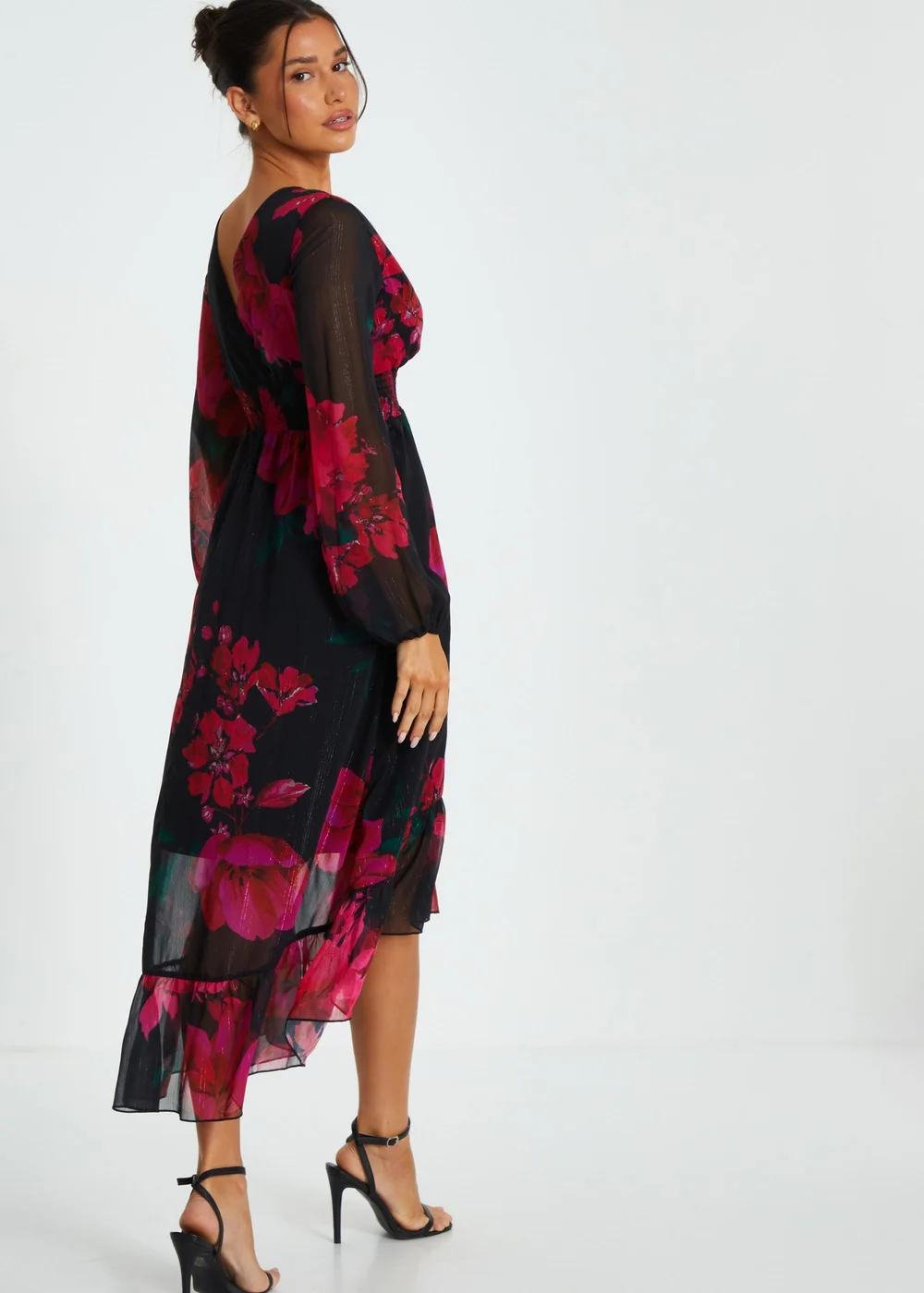 Quiz Black Floral Chiffon Dip Hem Dress - 8 Image 2