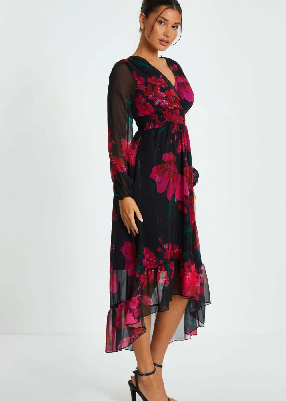 Quiz Black Floral Chiffon Dip Hem Dress - 8 Image 3