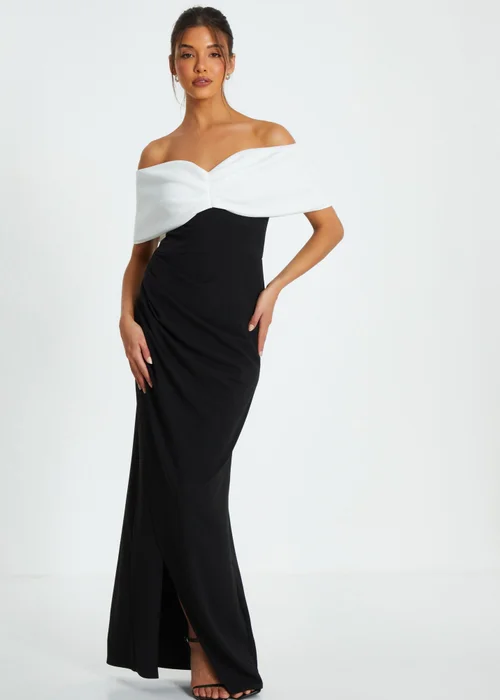 Quiz Black Contrast Bardot Ruched Maxi Dress - 6 Image 1
