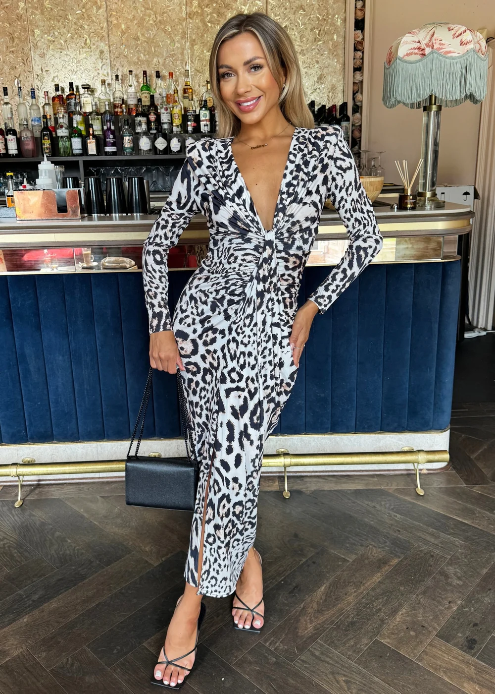 cream animal print dress AX Paris Cream Leopard Print Midi Wrap Dress