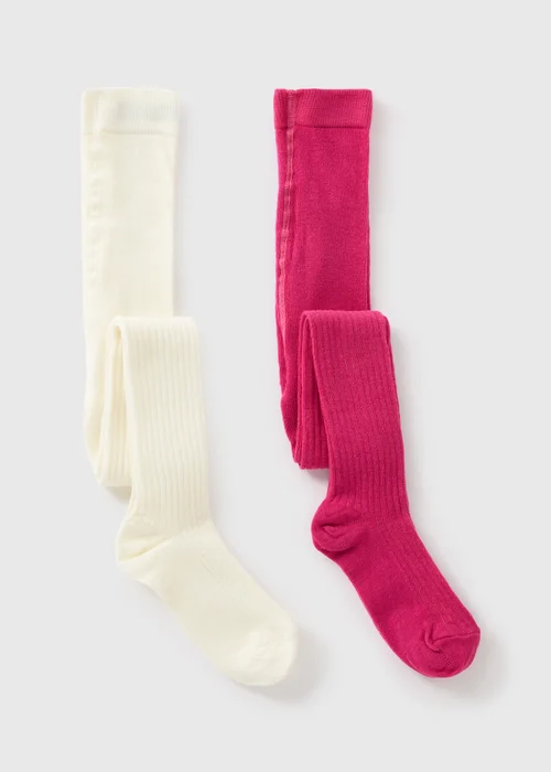 2 Pack Girls Pink & Cream Ribbed Tights (Younger 2-Older 11yrs) - 2-3 Yrs Image 1
