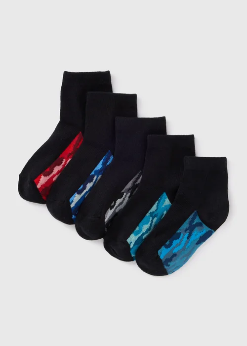 5 Pack Boys Black Camo Footbed Socks (Younger 6-Older 5.5) - Sizes 6 - 8.5 Image 1