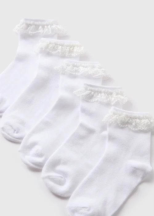 5 Pack Girls White Lace Trim Socks (Younger 6-Older 5.5) - 4-5.5 Image 2