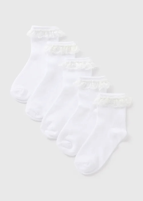 5 Pack Girls White Lace Trim Socks (Younger 6-Older 5.5) - 4-5.5 Image 1