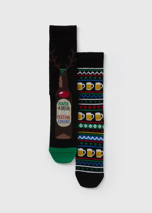 2 Pack Black Christmas Beer Socks - Sizes 6 - 8.5 Image 1