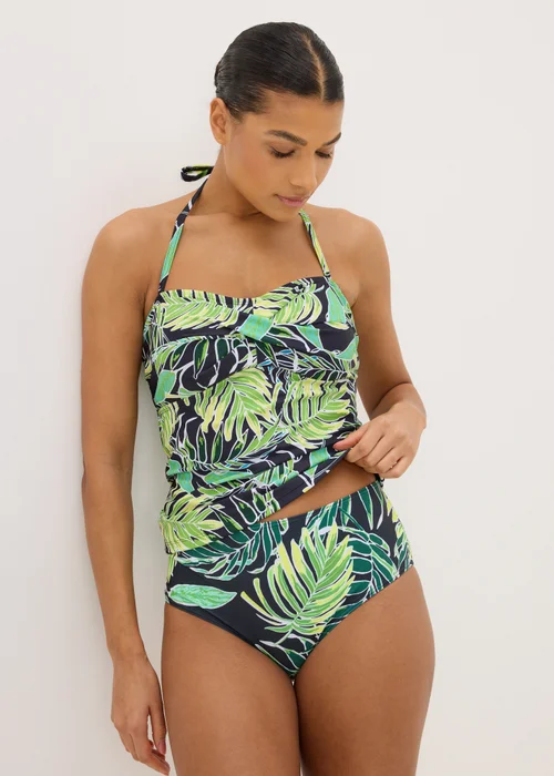 Green Tropical Leaf Print High Waisted Bikini Bottoms - 8 Image 1