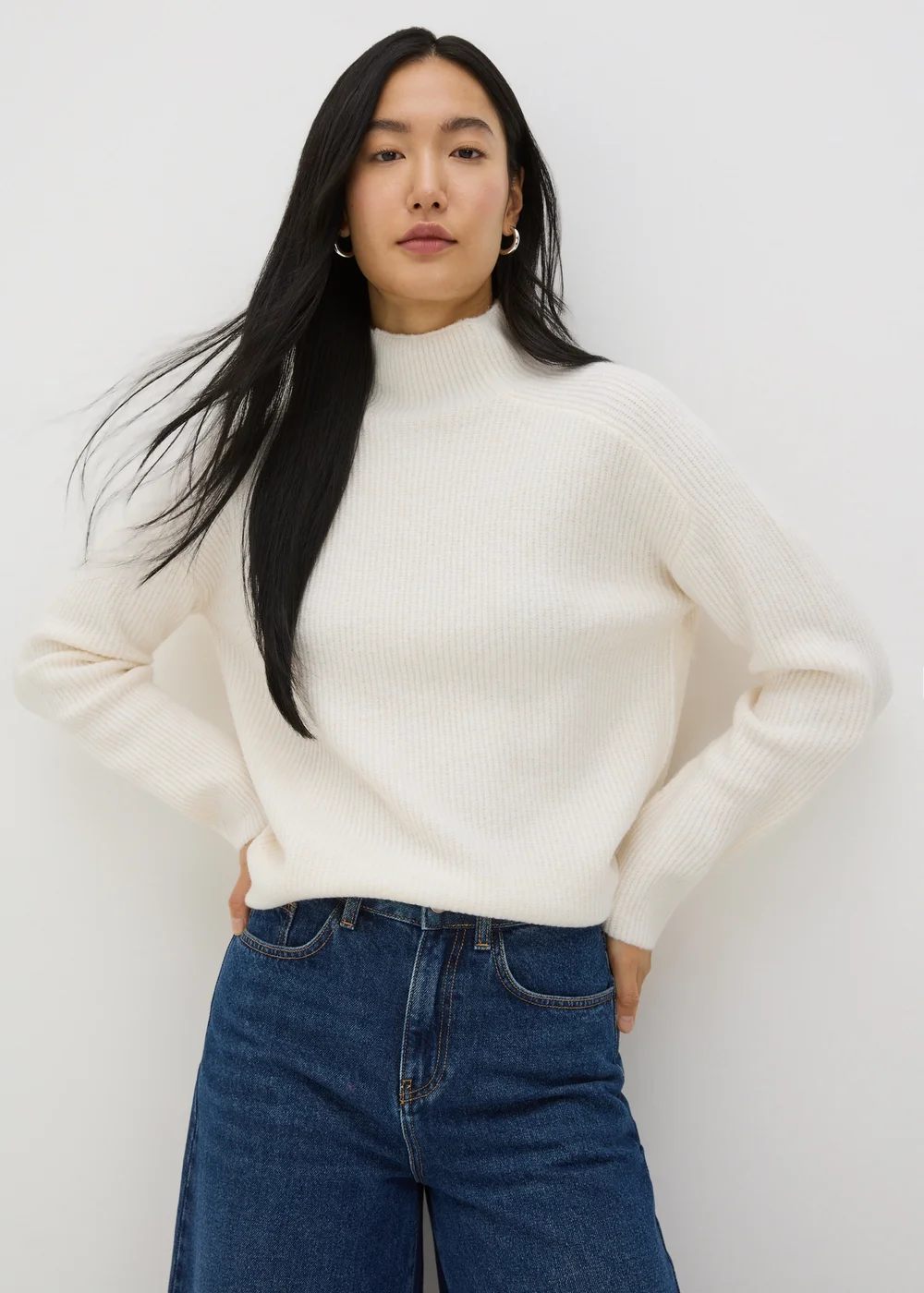 Cream Ribbed High Neck Jumper - XS Image 2