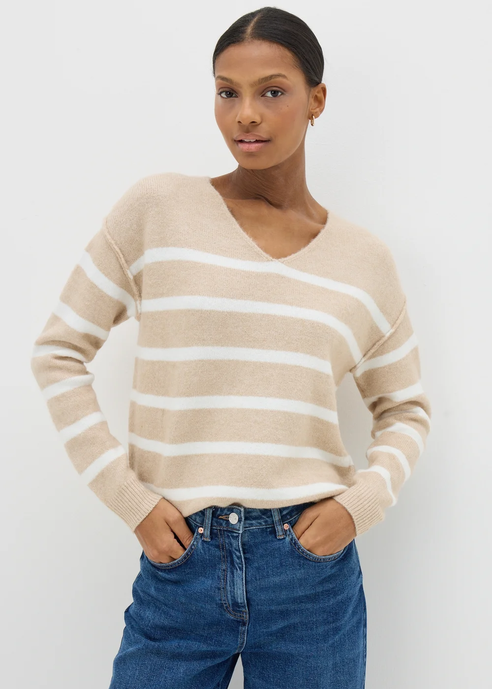 Beige Stripe V-Neck Jumper - XS Image 2