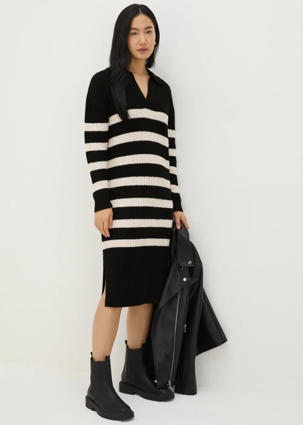 Black Open Collar Stripe Knitted Dress - XS Image 1