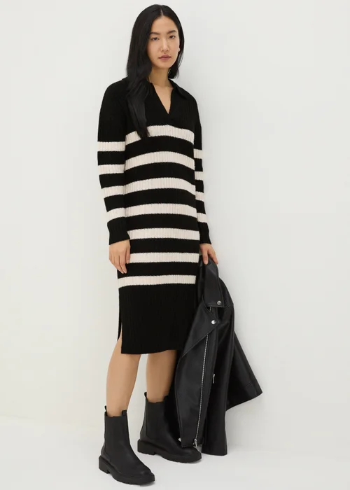 Black Open Collar Stripe Knitted Dress - XS Image 1