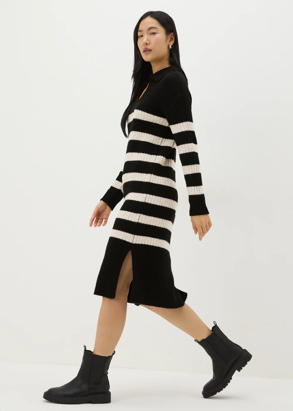 Black Open Collar Stripe Knitted Dress - XS Image 2
