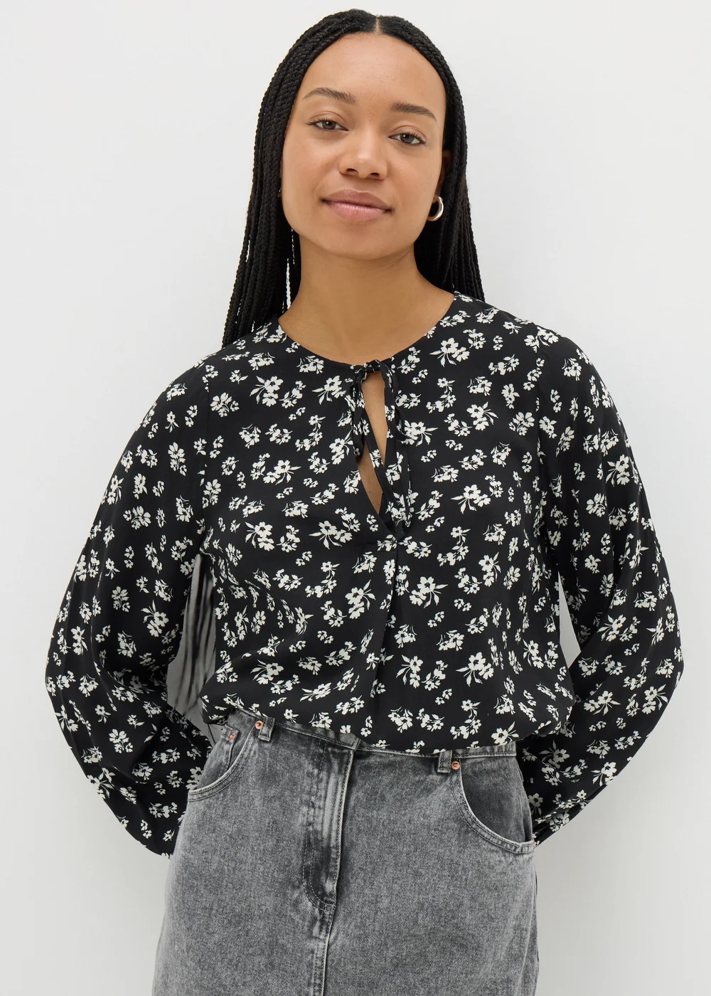 Black Floral Tie Neck Blouse - 8 Image 2