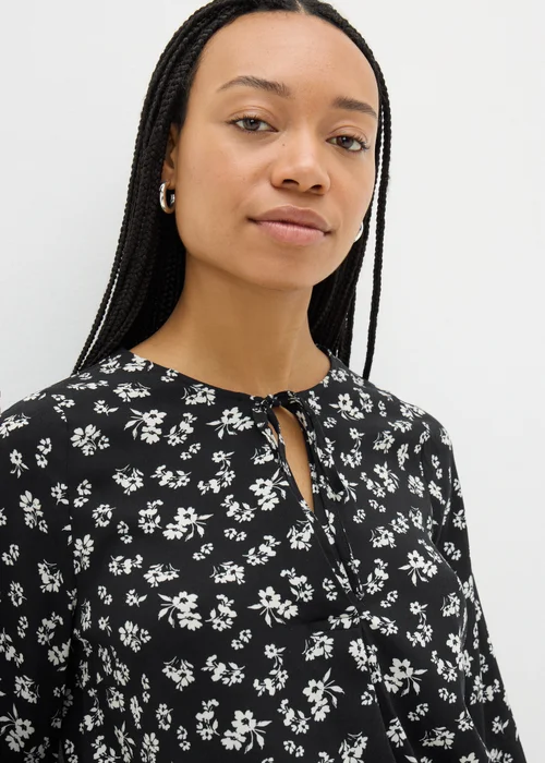 Black Floral Tie Neck Blouse - 8 Image 3