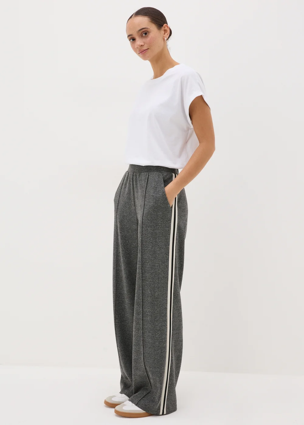 Grey Check Side Stripe Wide Leg Trousers - 8 Image 1