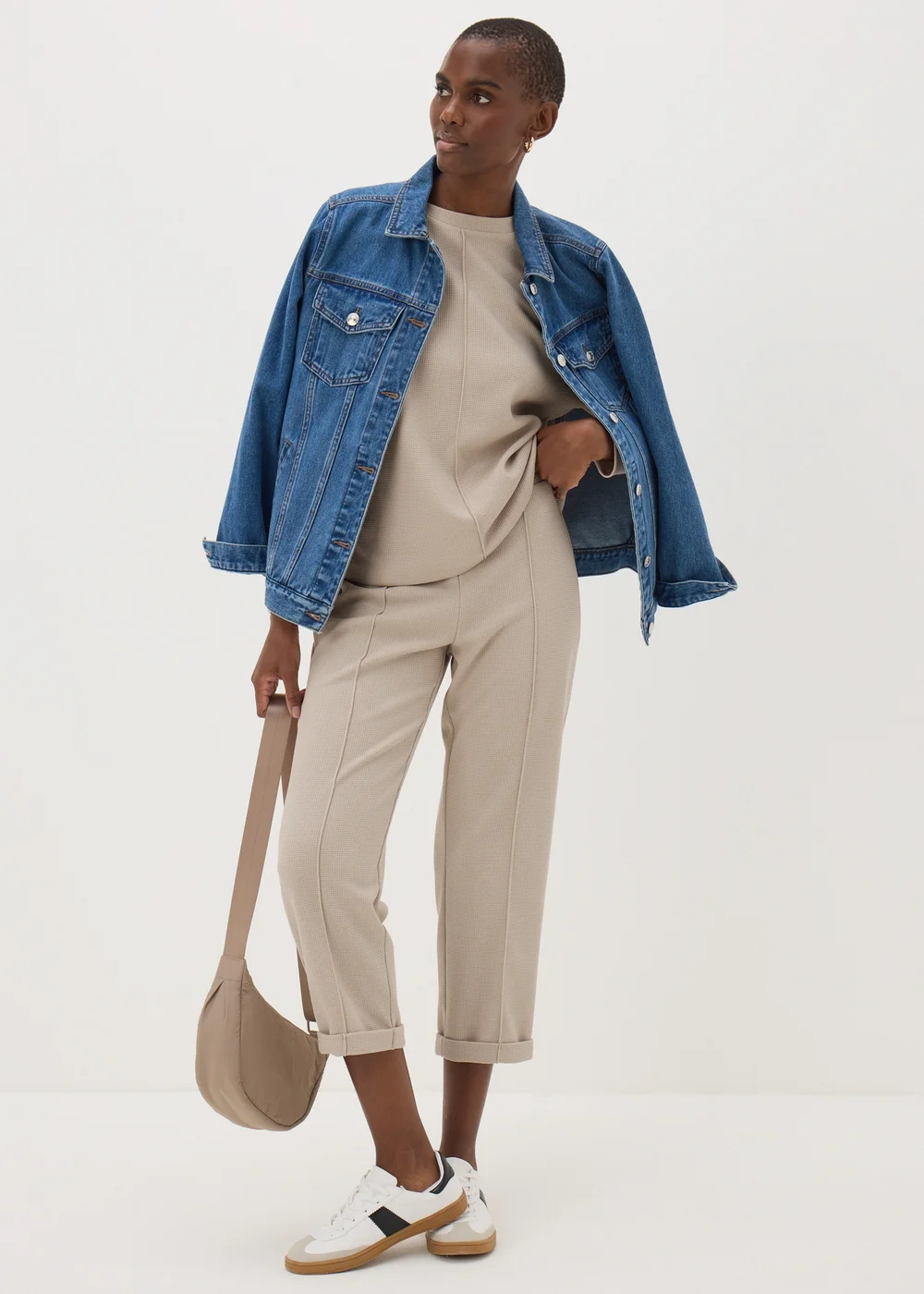 Beige Waffle Tapered Trousers - 8 Image 1