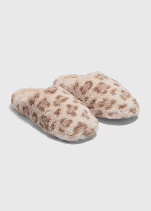 Taupe Leopard Print Mule Slippers - Small Image 1