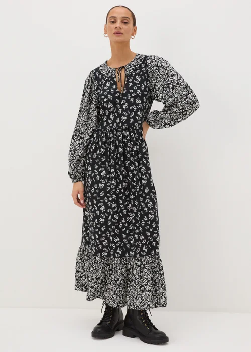 Black Floral Print Midaxi Dress - Size 8 Image 1