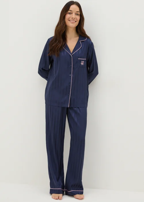 Navy Satin Stripe Pyjama Set - Size 8 Image 2