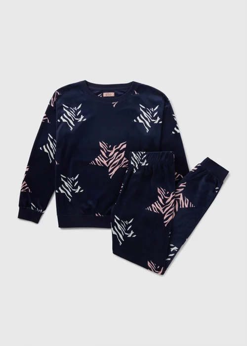 Navy Star Print Velour Pyjama Set - Extra small Image 3