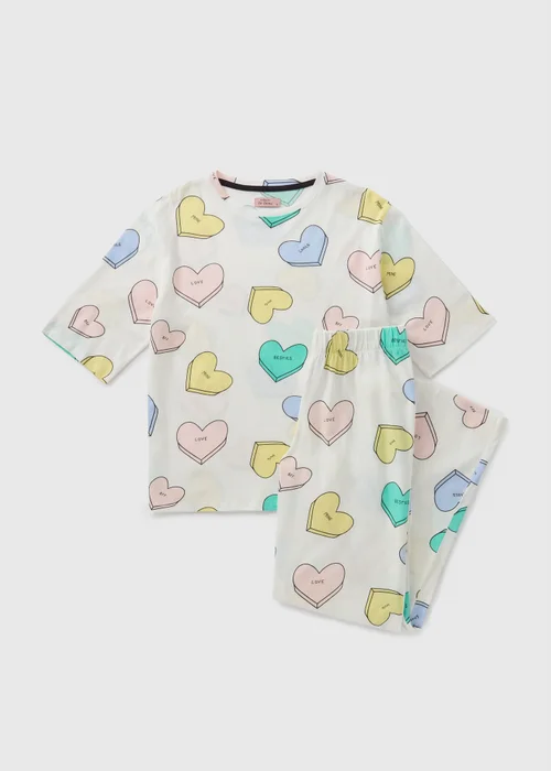 Cream Heart Print Pyjama Set - Small Image 3