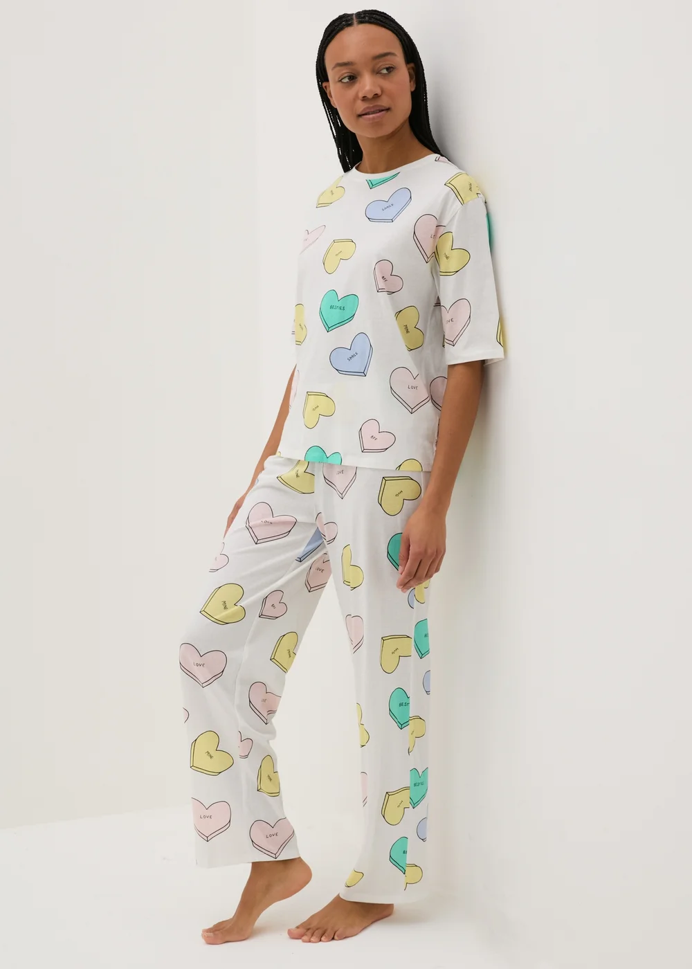Cream Heart Print Pyjama Set - Small Image 1
