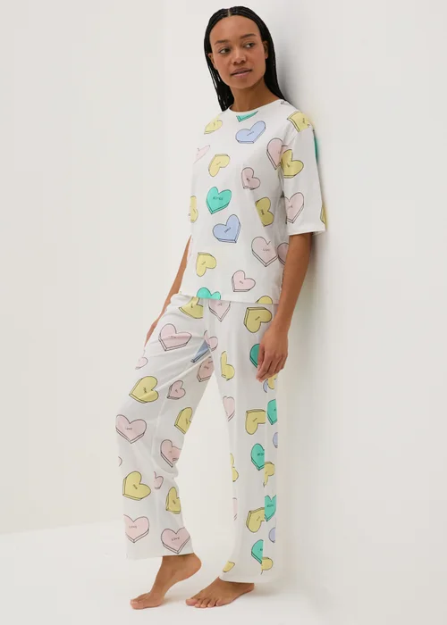 Cream Heart Print Pyjama Set - Small Image 1