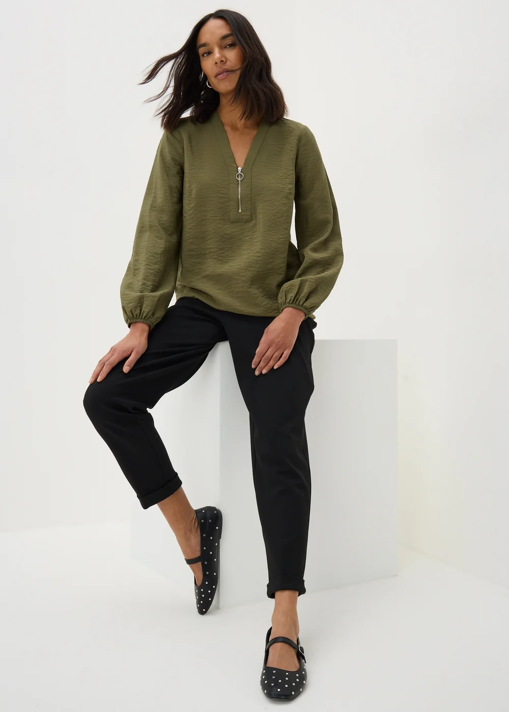 Et Vous Khaki Zip Front Blouse - 8 Image 1