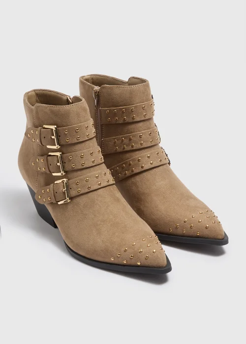 Tan Studded Buckle Western Boots - 3 Image 1