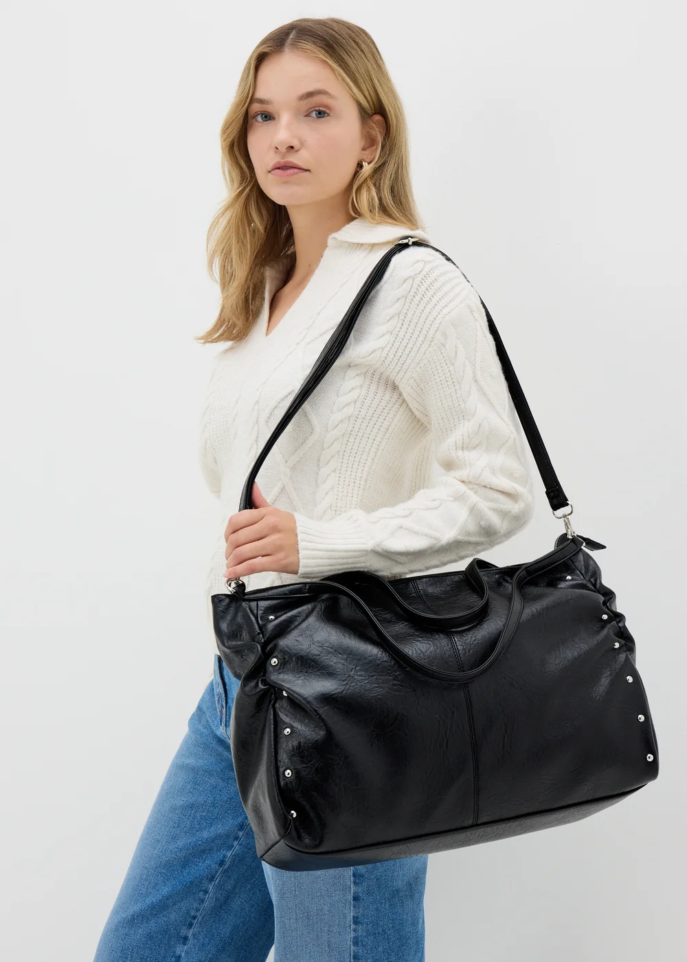 Black Stud Slouch Tote Bag - One Size Image 2