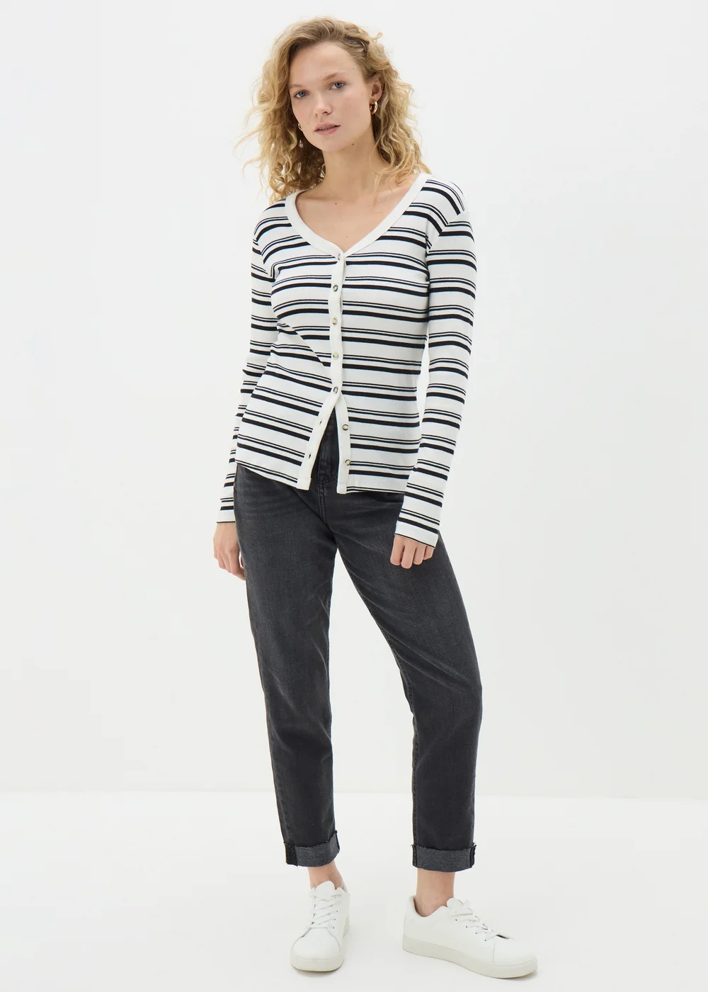 Cream Stripe Button Cardigan - 8 Image 1