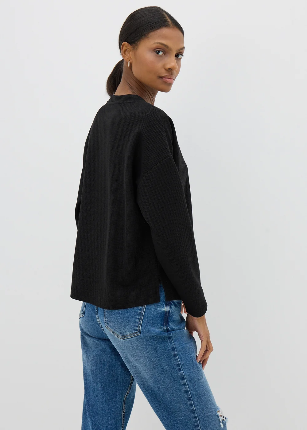 Black Waffle Long Sleeve Top - S Image 2