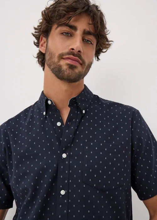 Navy Geometric Short Sleeve Oxford Shirt - S Image 2