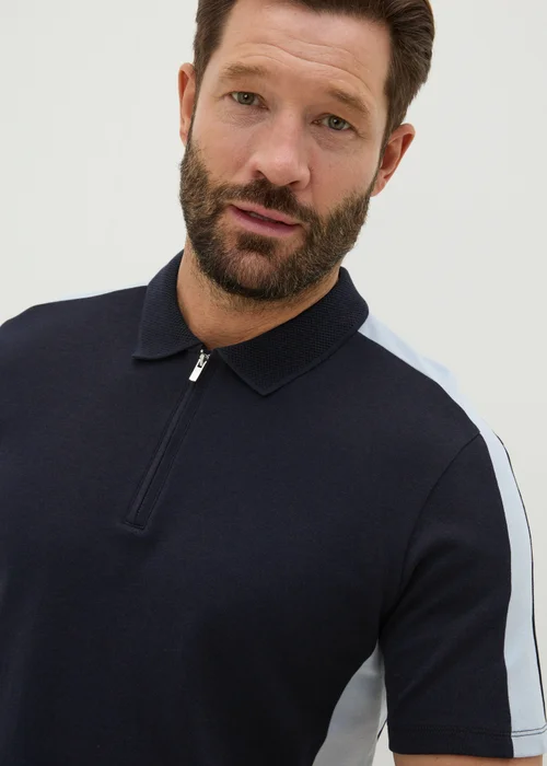 Navy Colour Block 1/4 Zip Polo Shirt - S Image 1