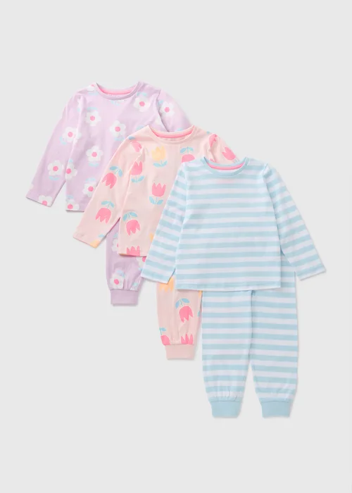 3 Pack Girls Pink Floral Pyjama Set (1-7yrs) - 1 half year to 2 Image 1