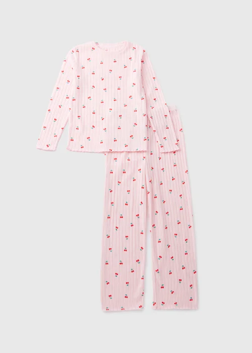 Girls Pink Cherry Ribbed Pyjama Set (7-13yrs) - Age 7 Years Image 1