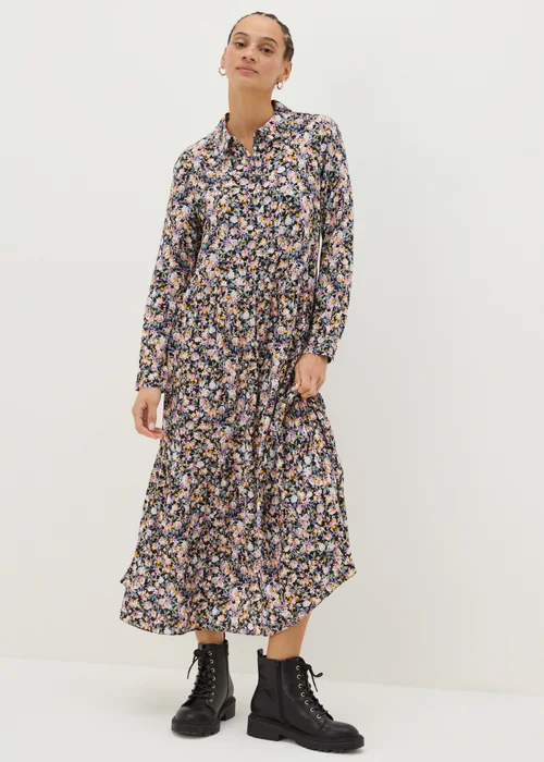Black Floral Print Shirt Midi Dress - 8 Image 1