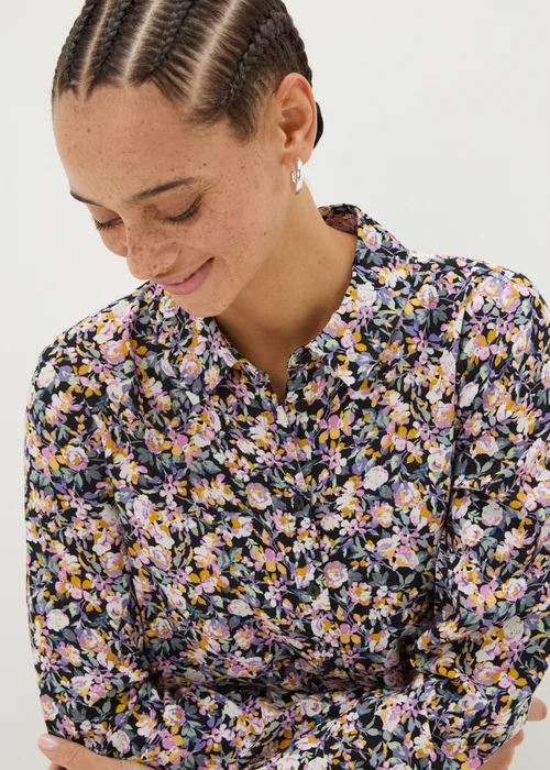 Black Floral Print Shirt Midi Dress - 8 Image 3
