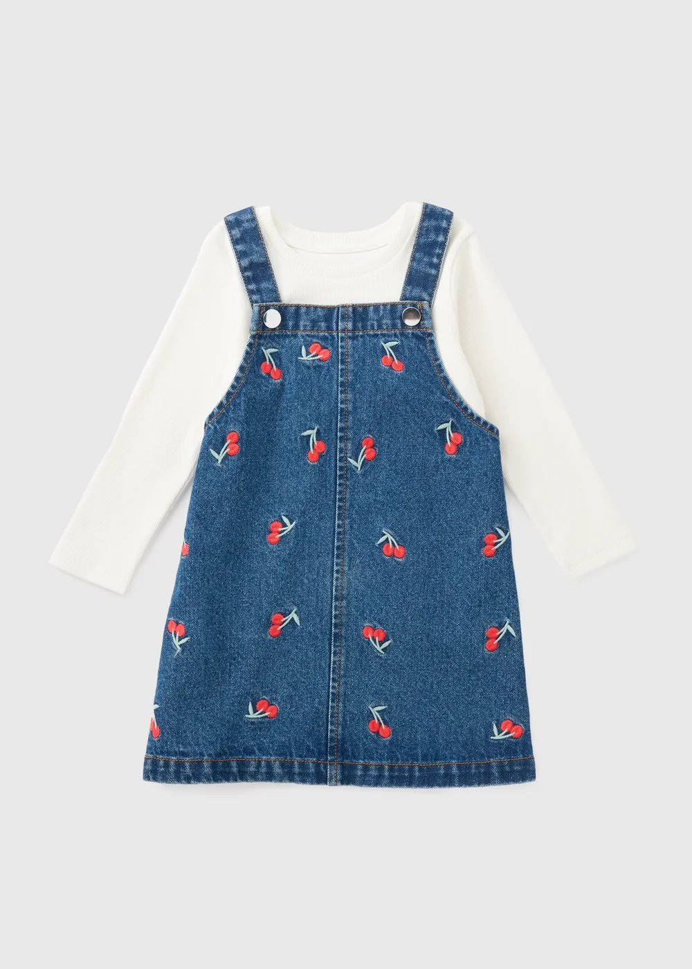 Girls Blue Cherry Denim Pinafore Dress & Top (1-7yrs) - Age 2 - 3 Years Image 1