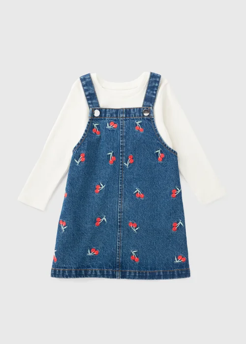 Girls Blue Cherry Denim Pinafore Dress & Top (1-7yrs) - Age 2 - 3 Years Image 1