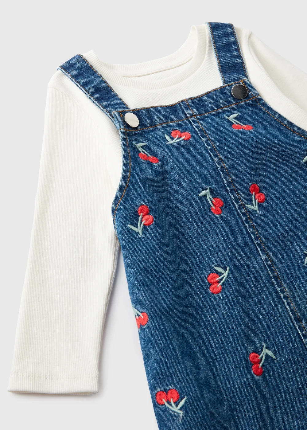 Girls Blue Cherry Denim Pinafore Dress & Top (1-7yrs) - Age 2 - 3 Years Image 2