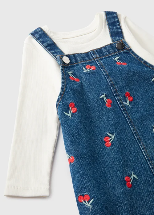 Girls Blue Cherry Denim Pinafore Dress & Top (1-7yrs) - Age 2 - 3 Years Image 2