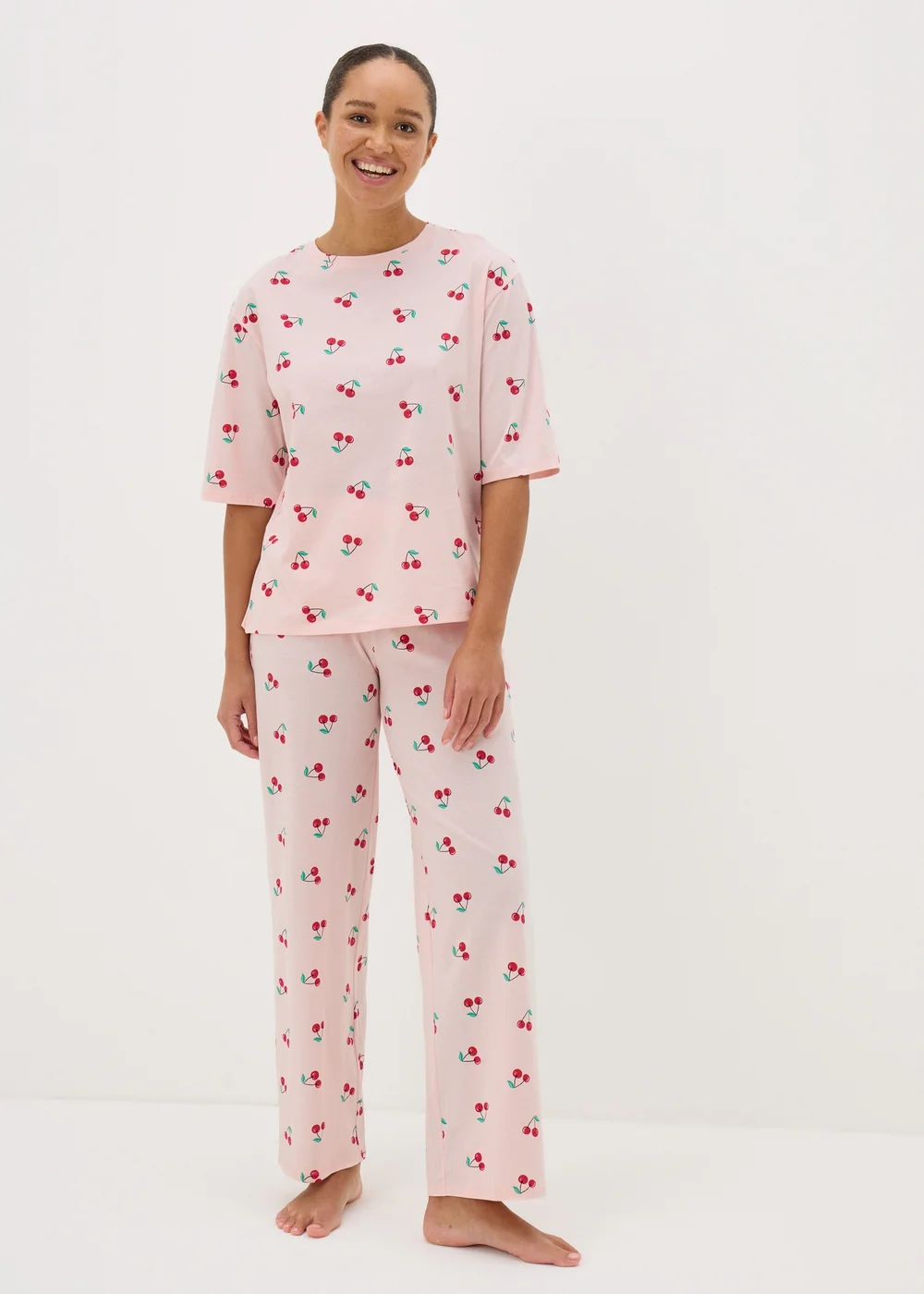 Pink Cherry Print Oversized Pyjama Set - Extra small Image 1