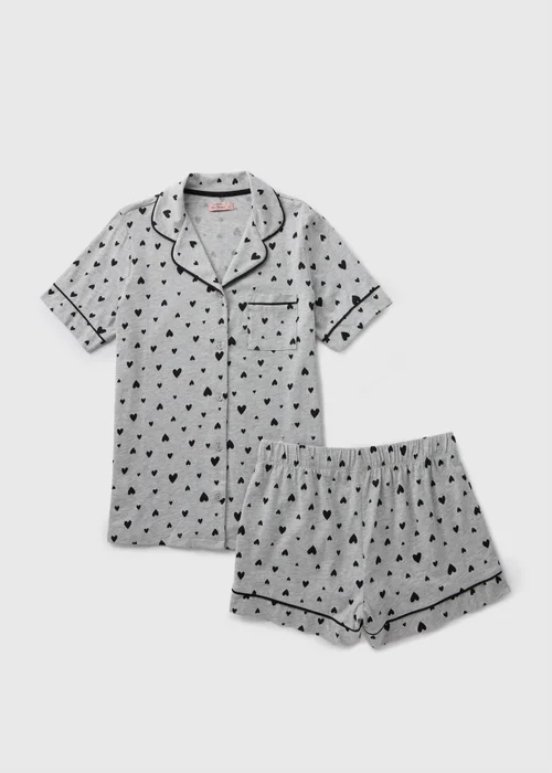 Grey Marl Heart Print Short Pyjama Set - Extra small Image 3