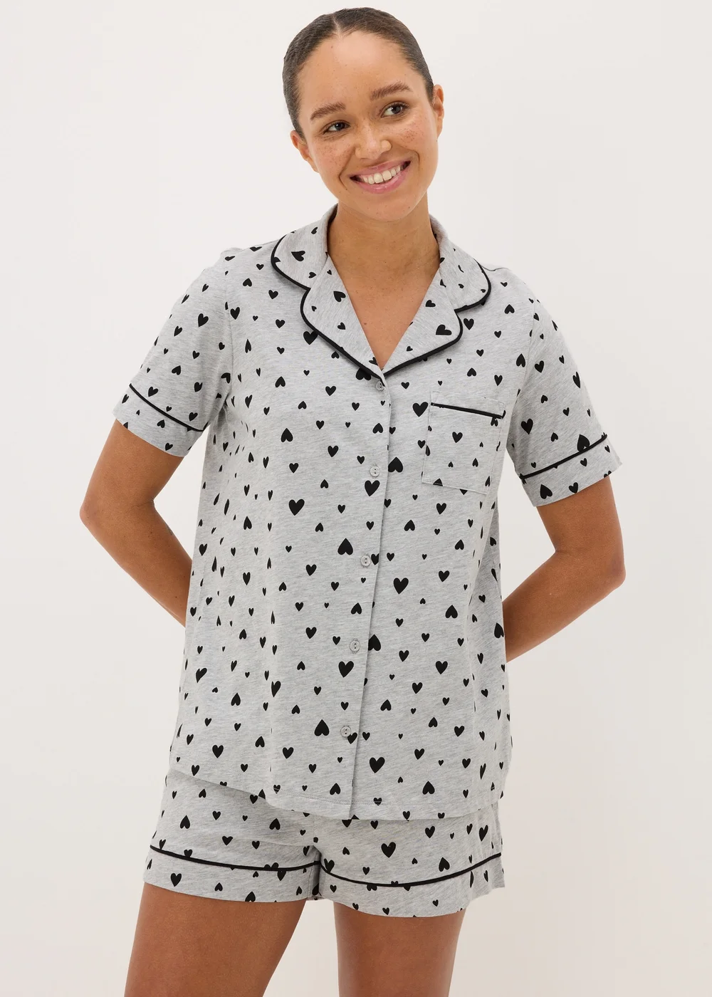 Grey Marl Heart Print Short Pyjama Set - Extra small Image 1