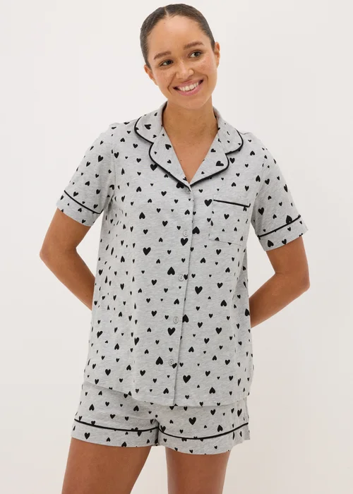 Grey Marl Heart Print Short Pyjama Set - Extra small Image 1