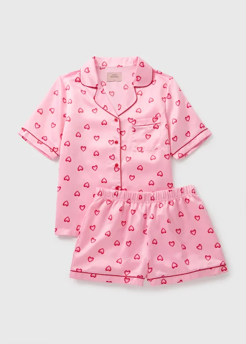 Pink Hearts Satin Pyjama Shorts Set - Size 8 Image 3
